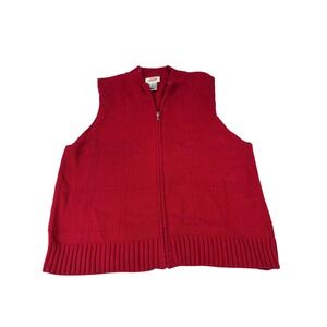 Talbots Red Cotton Full Zip Sweater Vest Womens XL Mock Neck Ribbed Grid Knit